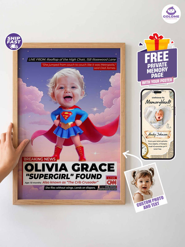 Custom Baby Flying Hero Poster – Personalized Baby Girl Wall Art